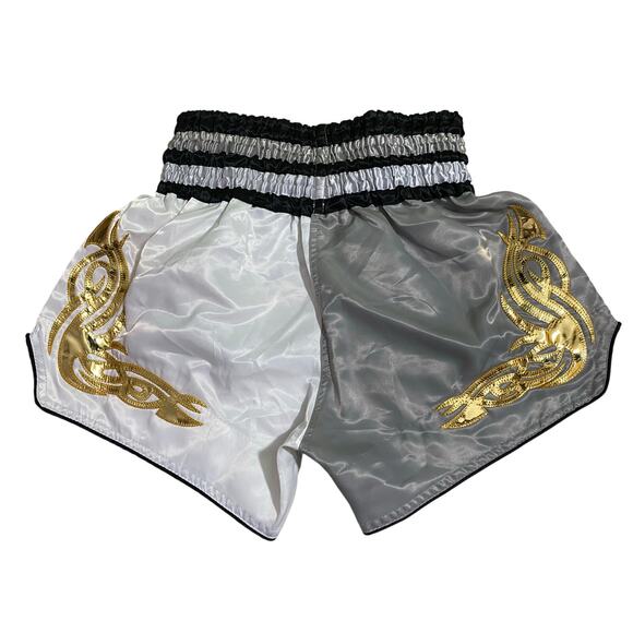 Another Boxer Youth Silver Boxing Shorts Size L Gold Embroidery Black Trim - Picture 2 of 8